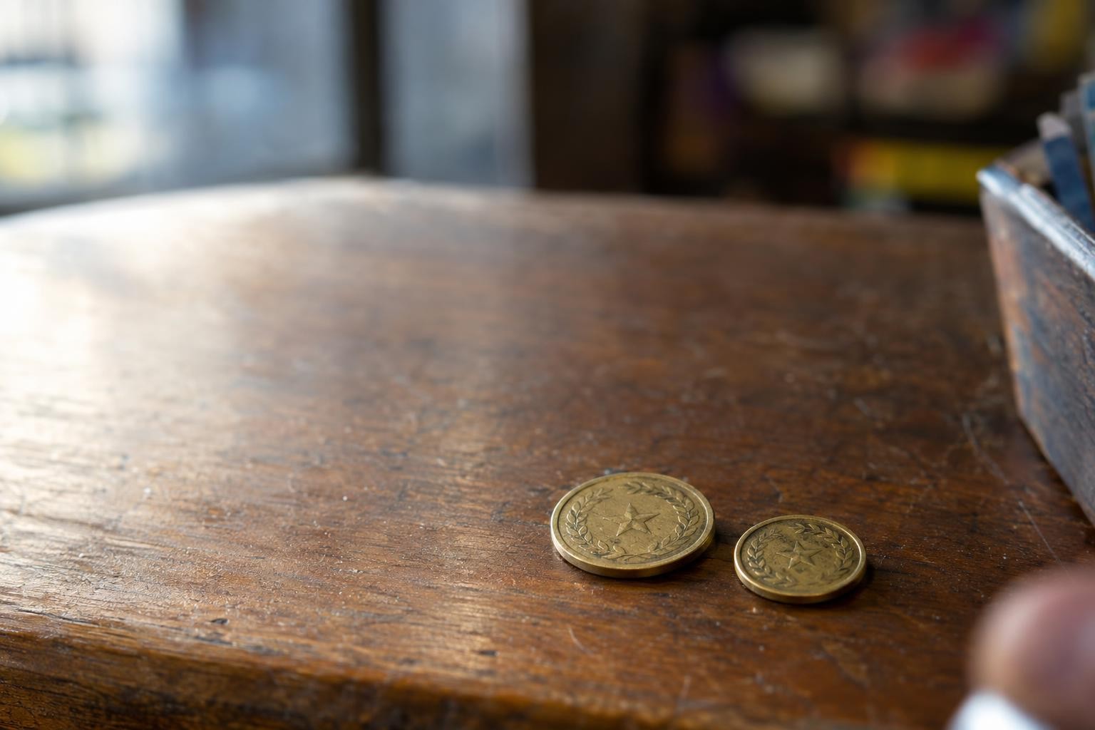 Editorial photograph: Macro shot on a small shop's wooden checkout counter: two brass reward tokens of slightly different diameter sit side by side, catching thin morning window light, a shopkeeper's….