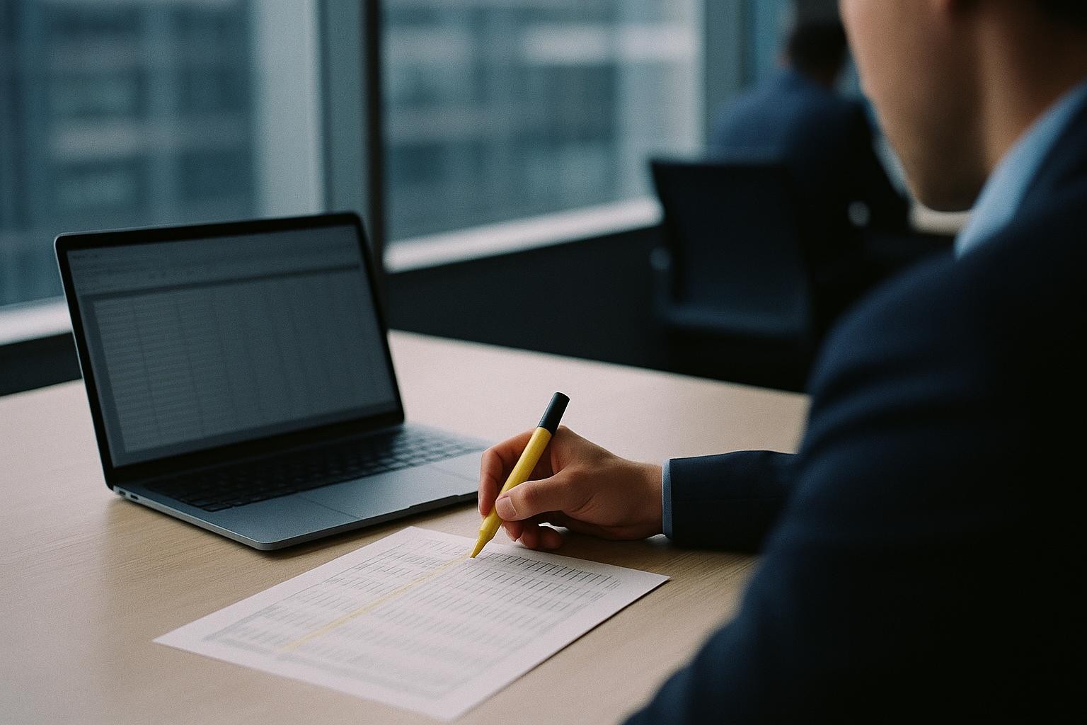 Editorial photograph: Late-morning light through an office window falls across a desk where a hand is highlighting rows on a printed spreadsheet next to an open laptop showing a plain ledger table.
