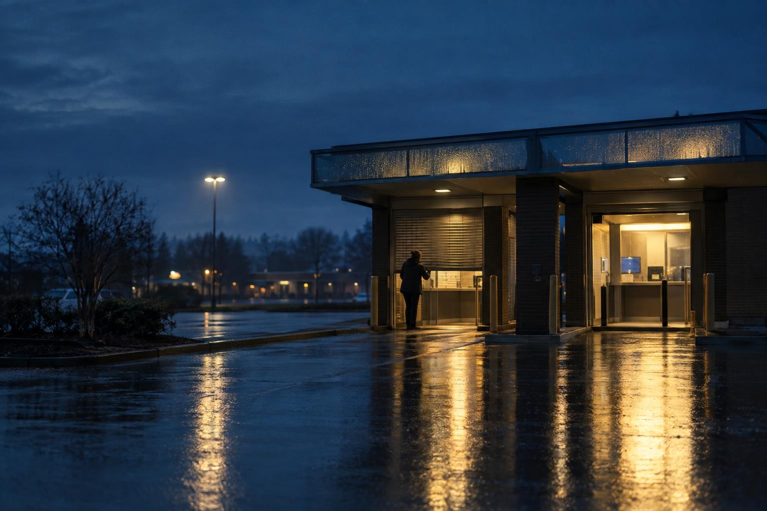 Editorial photograph: A small branch bank's twin drive-through teller lanes glow the same pale gold at blue hour, rain beading on the canopy glass.