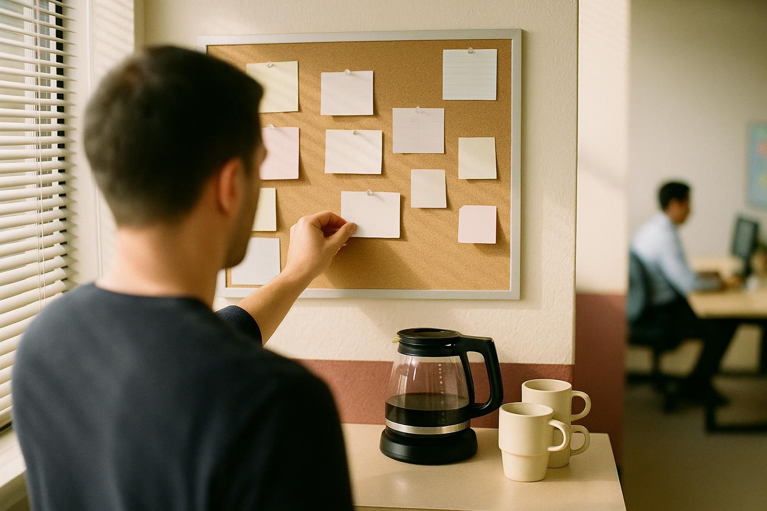 Editorial photograph: Early morning light slanting through blinds onto an office break-room corkboard, seen over someone's shoulder as they pin a blank white index card beside a half-empty coffee pot….