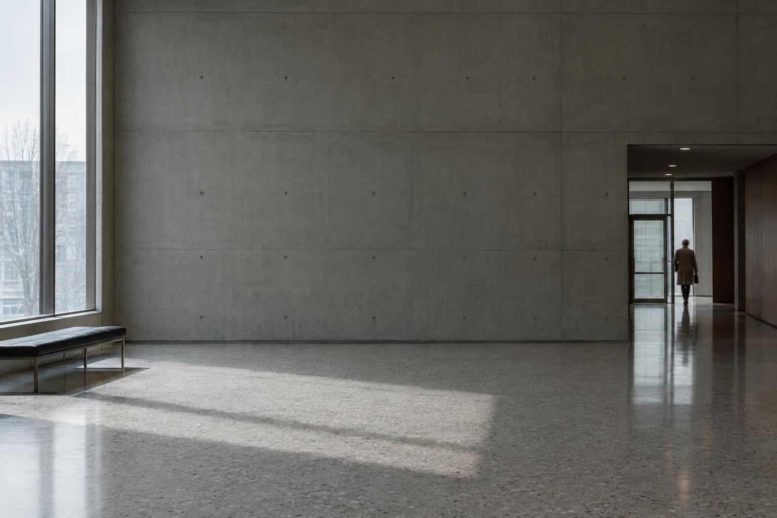Editorial photograph: The empty lobby of a mid-century office building in flat overcast light: one long concrete wall, a single tall window casting a soft grey rectangle on a terrazzo floor, one figure….