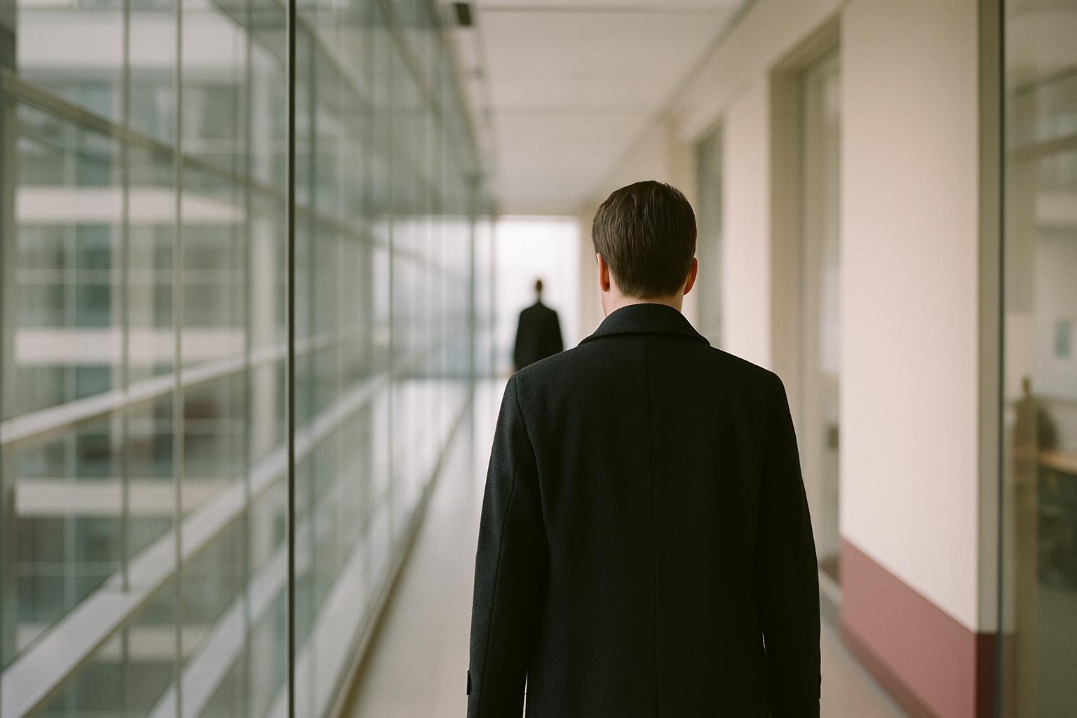 Editorial photograph: A figure in a dark coat seen from behind walking a glass corridor in an office tower, layered reflections of the architecture crossing the frame, cold even daylight.