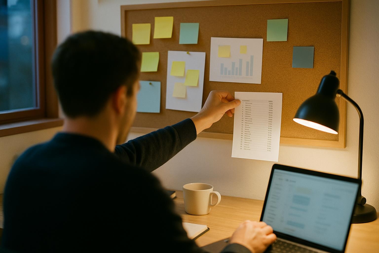 Editorial photograph: A cork board above a cluttered desk at dusk, seen over someone's shoulder, with a hand pinning up a printed ranked list of names next to a half-empty coffee cup and a desk lamp….