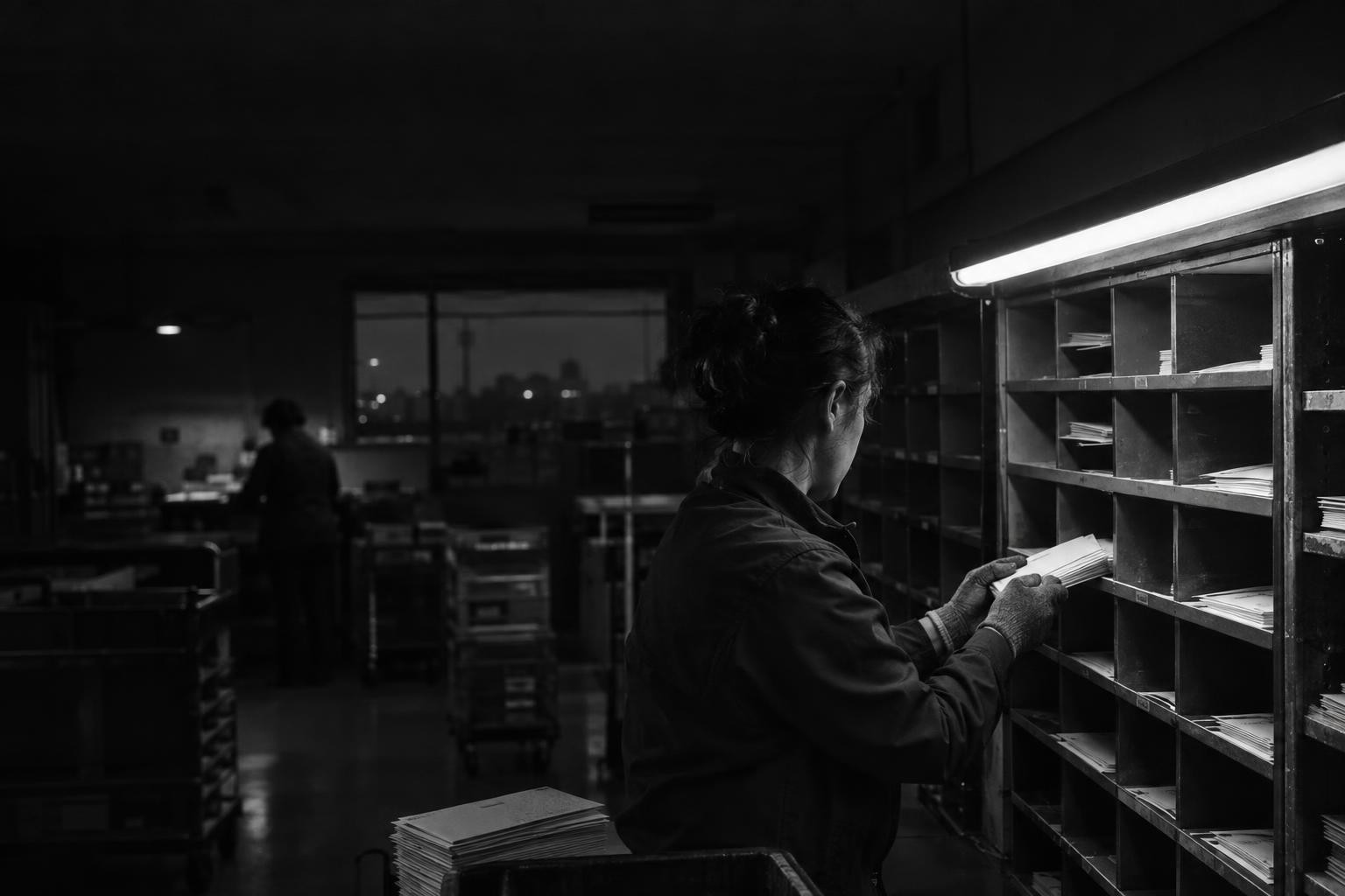 Editorial photograph: A dim mail sorting room before dawn, a clerk's gloved hands sliding a stack of plain envelopes into a pigeonhole rack, one shaft of hard fluorescent light cutting across the metal….