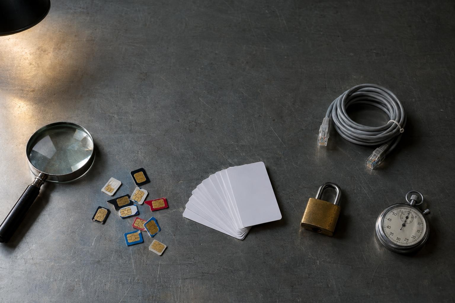 Editorial photograph: Overhead still life on a plain steel workbench under a single dim work lamp: a magnifying glass beside a scattered handful of SIM cards, a fanned stack of blank plastic gift….