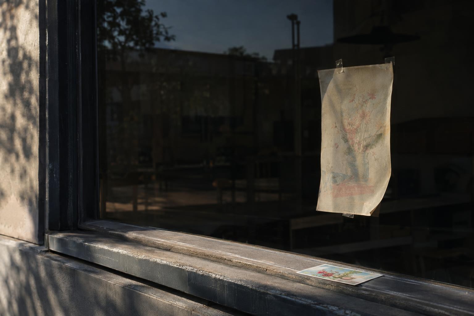 Editorial photograph: A small shop's front window in harsh late-afternoon sun, a curling sun-bleached promotional card still taped inside the glass with its colours faded to almost nothing, the shop….