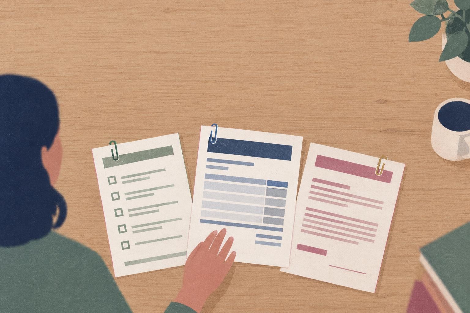 Editorial illustration: A flat editorial illustration, overhead view of three documents fanned on a plain wooden tabletop: a thin onboarding checklist clipped with a green paperclip, an invoice clipped….