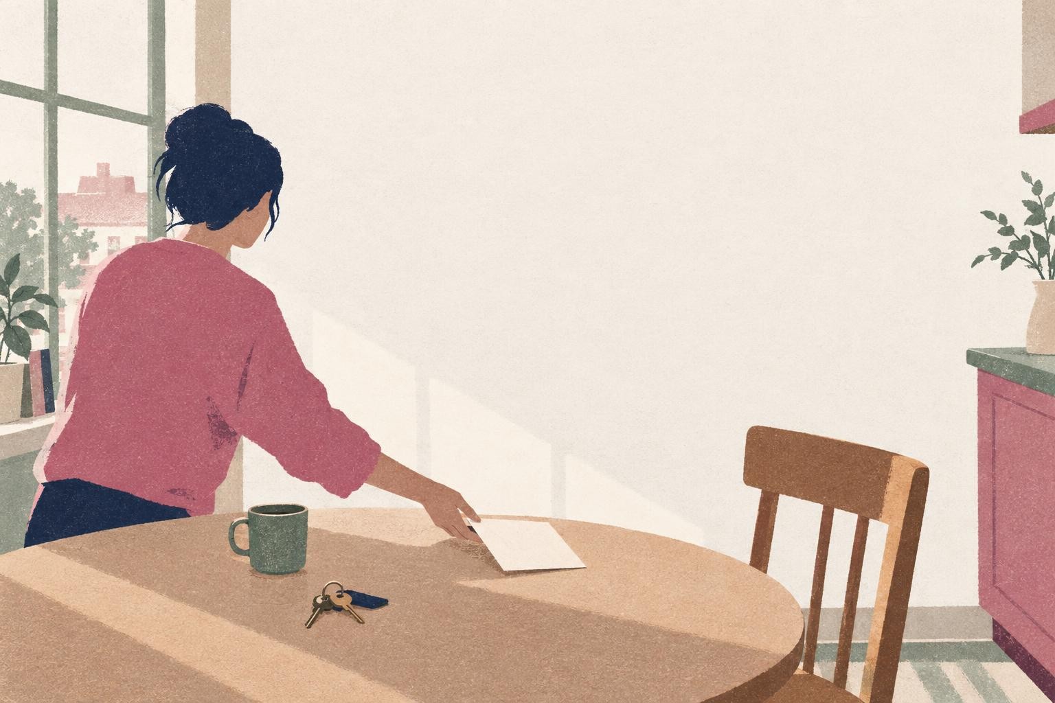 Editorial illustration: A small kitchen table by a window in morning light, a hand sliding a folded blank card across the table toward an empty chair, a mug and a bunch of keys nearby, the figure….