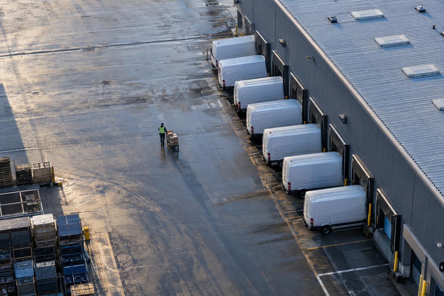 Editorial photograph: High overhead view of a DTC fulfillment yard at first light: a fleet of white delivery vans reversed against a loading dock, a worker's small figure wheeling a cart of brown….