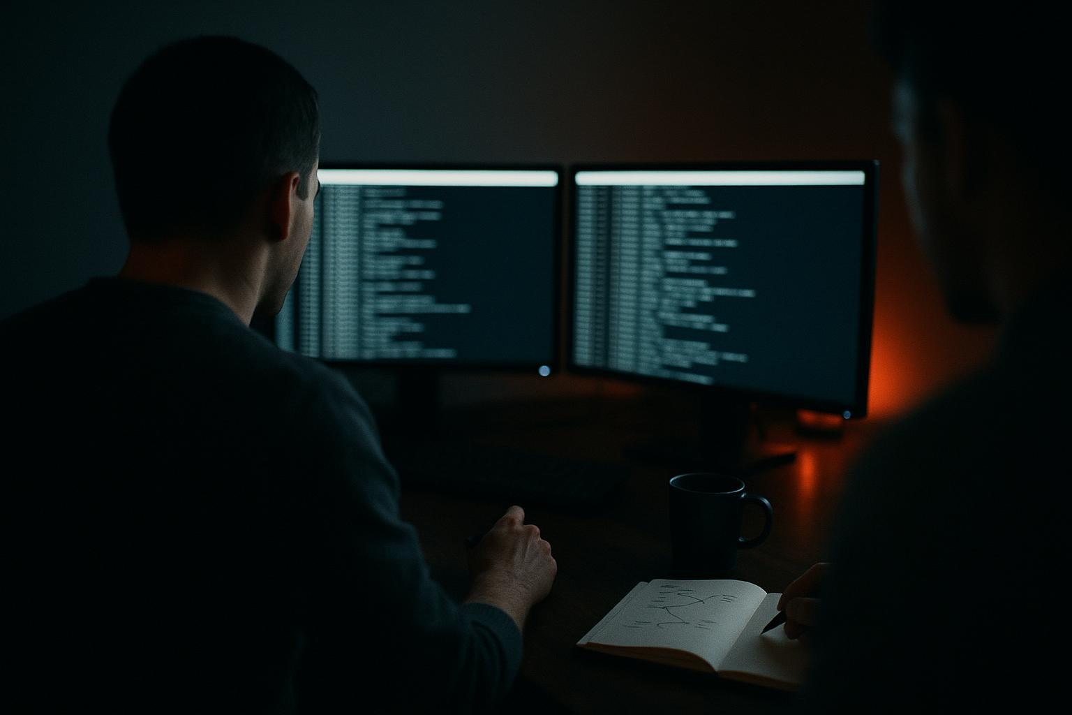 Editorial photograph: Over-the-shoulder view of a desk at dusk, two monitors showing scrolling terminal logs, a coffee mug and a notebook with handwritten arrows connecting two columns of numbers.