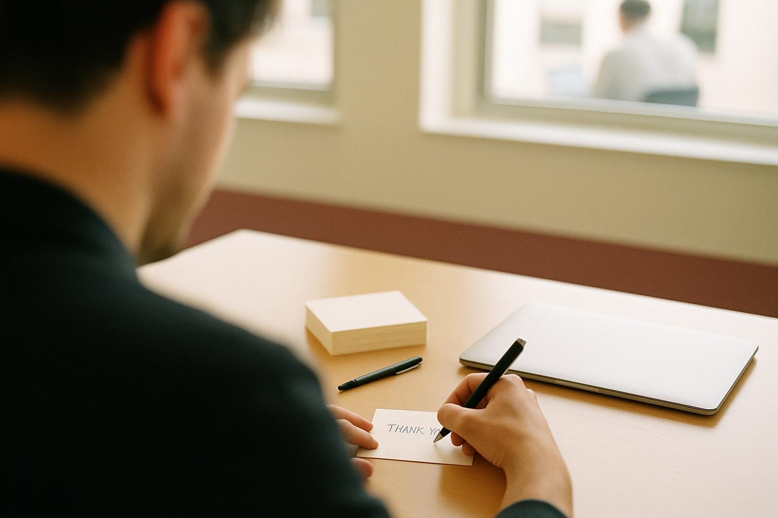 Editorial photograph: Late morning light through an office window, over someone's shoulder as they handwrite a short thank-you note on a card, a stack of blank cards and a pen beside a closed laptop.