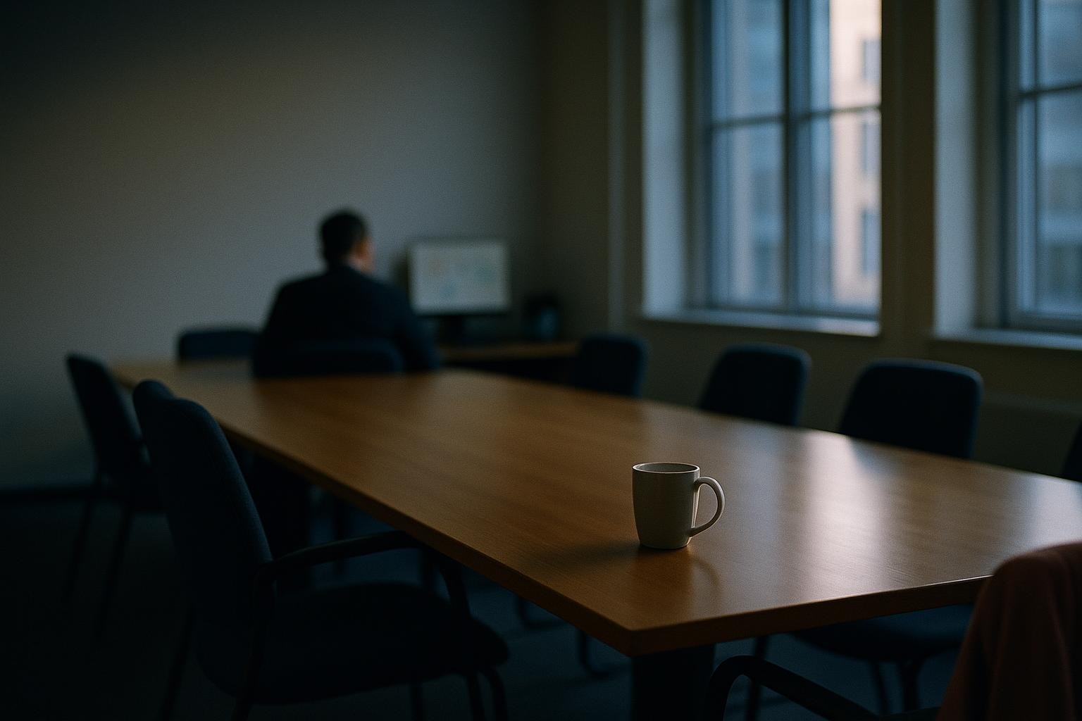 Editorial photograph: An empty meeting room at dawn, one chair pushed back from the table, cold light through tall windows, a single abandoned mug catching the light.
